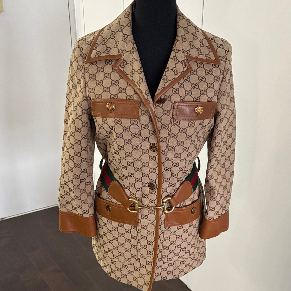 Gucci Aria GG Monogram jacket with Brown Leather Trim and Web Stripe belt